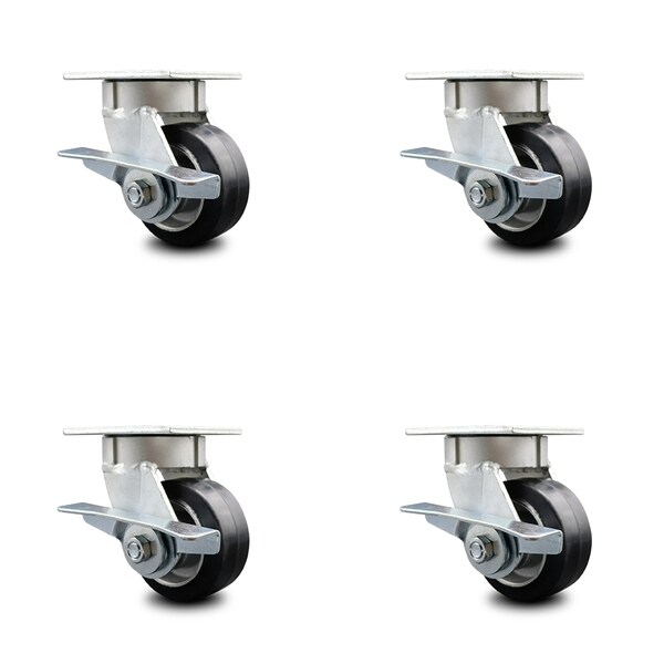 4 Inch Kingpinless Rubber on Aluminum Wheel Swivel Caster Set with Brakes SCC